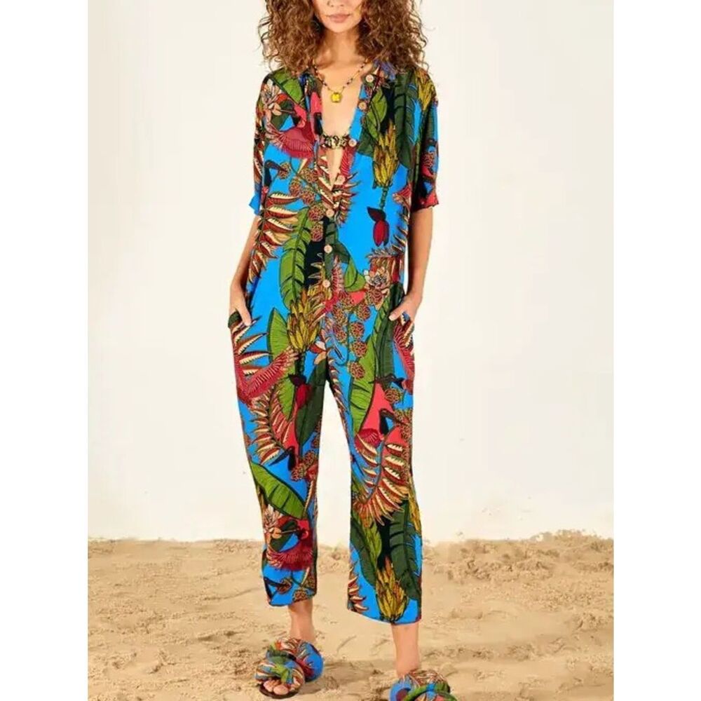 Farm Rio Totally Tuiuiu Jumpsuit Women's Size Small Blue Green Tropical Print